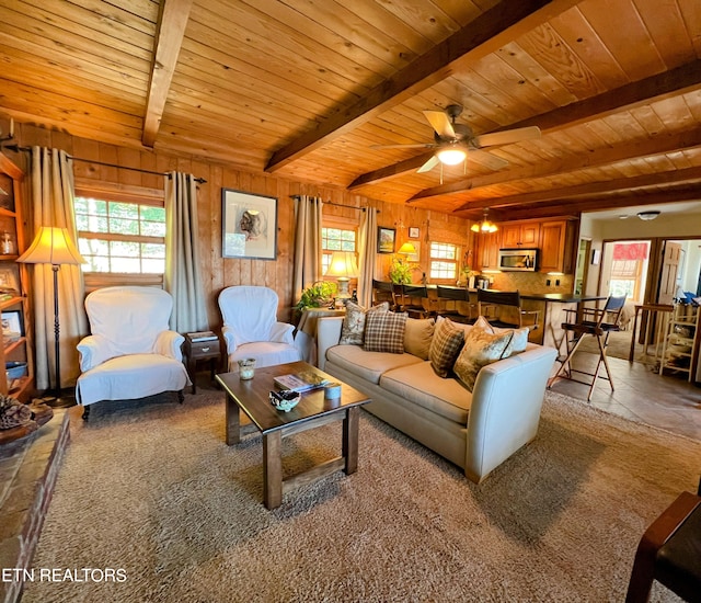 living room with beam ceiling, wood ceiling, ceiling fan, and wood walls