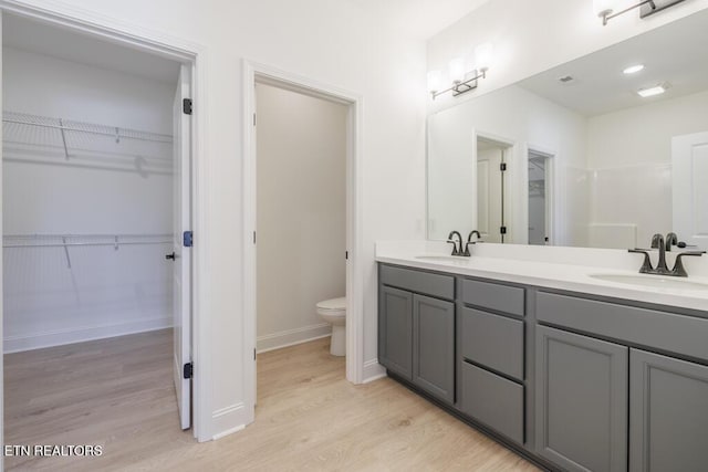 bathroom featuring toilet, vanity, and hardwood / wood-style flooring