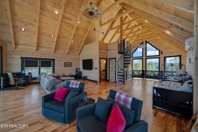 living room featuring wood ceiling, wood-type flooring, high vaulted ceiling, and beamed ceiling