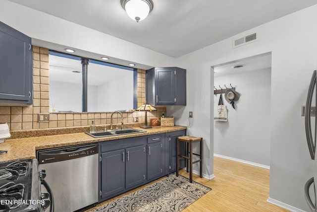 kitchen with sink, appliances with stainless steel finishes, light hardwood / wood-style flooring, and tasteful backsplash