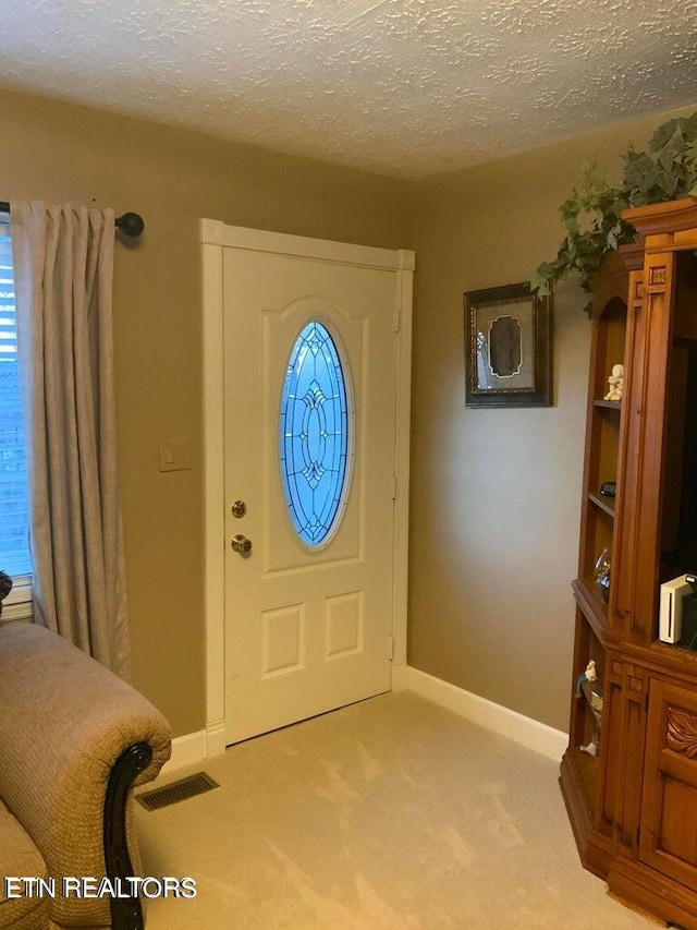 foyer entrance featuring light carpet, a textured ceiling, and a wealth of natural light