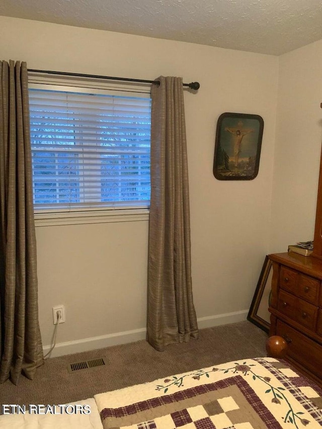 unfurnished bedroom with a textured ceiling and carpet flooring