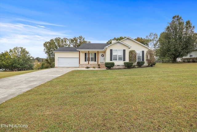 single story home with a garage and a front yard