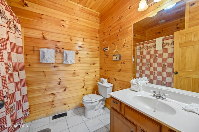 bathroom with wooden walls, vanity, wood ceiling, a shower with shower curtain, and toilet