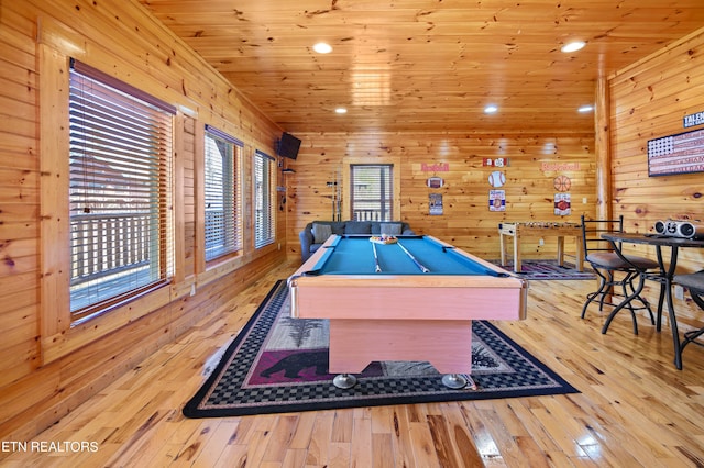 recreation room featuring wooden walls, billiards, and light wood-type flooring