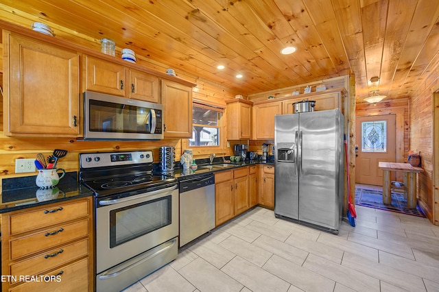 kitchen with wooden walls, appliances with stainless steel finishes, sink, and wooden ceiling