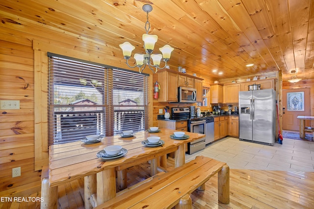 dining space with light hardwood / wood-style flooring, wood walls, and wood ceiling