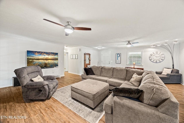 living room with ceiling fan and hardwood / wood-style floors