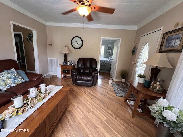 59 River Rd, Miracle, KY 40856 - living room with ornamental molding, ceiling fan, and light wood-style flooring
