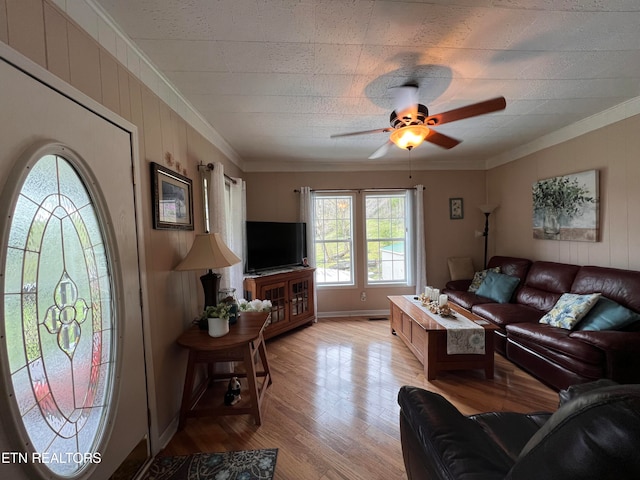 living room with ceiling fan, light wood-type flooring, and crown molding