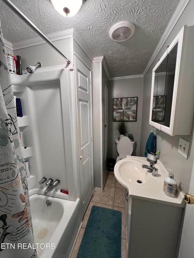 59 River Rd, Miracle, KY 40856 - full bath featuring vanity, shower / bath combo, tile patterned floors, ornamental molding, and a textured ceiling