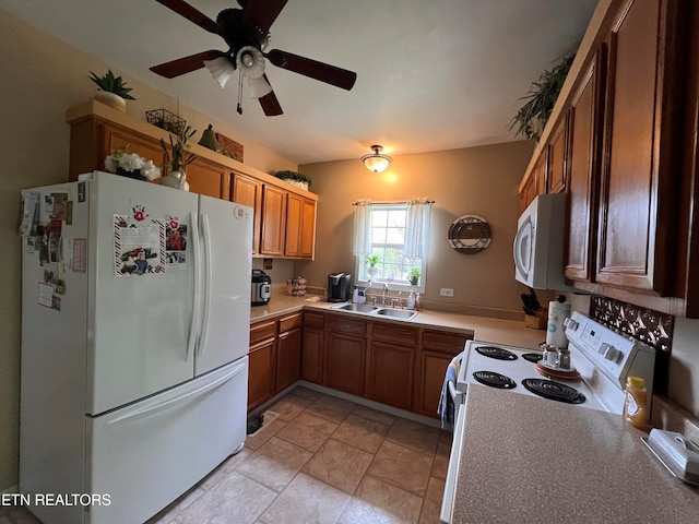 kitchen with ceiling fan, white appliances, and sink