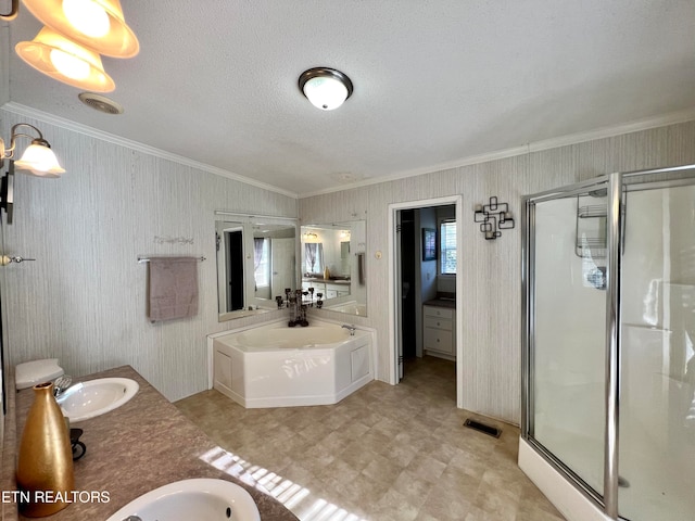 bathroom featuring a textured ceiling, crown molding, vanity, and independent shower and bath