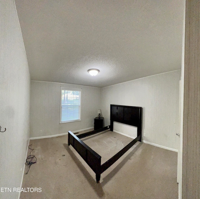 unfurnished bedroom featuring lofted ceiling, carpet, and a textured ceiling