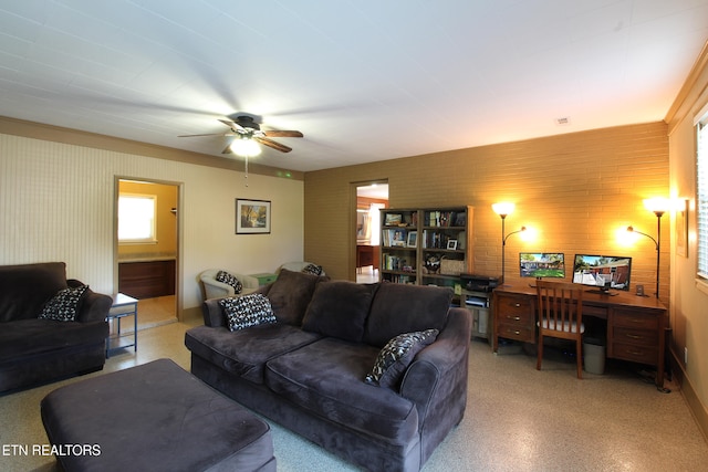 living room with ceiling fan