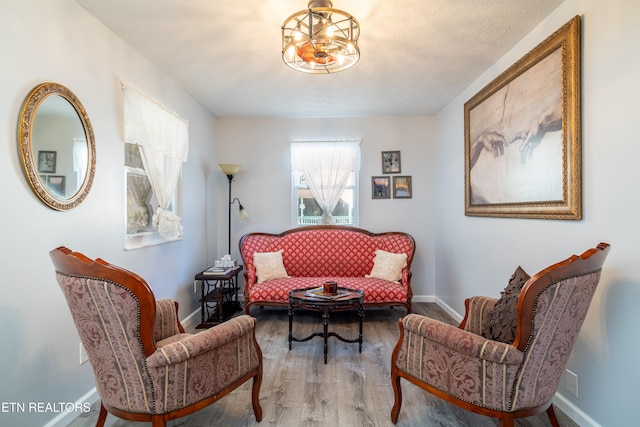 living area featuring a notable chandelier and wood-type flooring