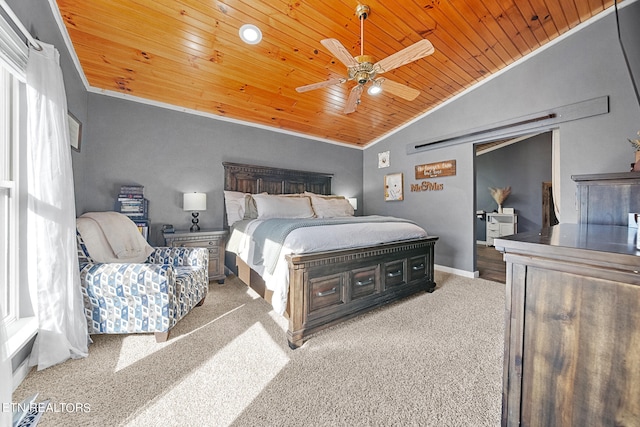 carpeted bedroom featuring ceiling fan, wooden ceiling, lofted ceiling, and ornamental molding