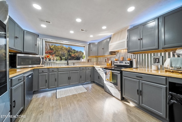 kitchen with gray cabinetry, appliances with stainless steel finishes, light hardwood / wood-style flooring, and wooden counters