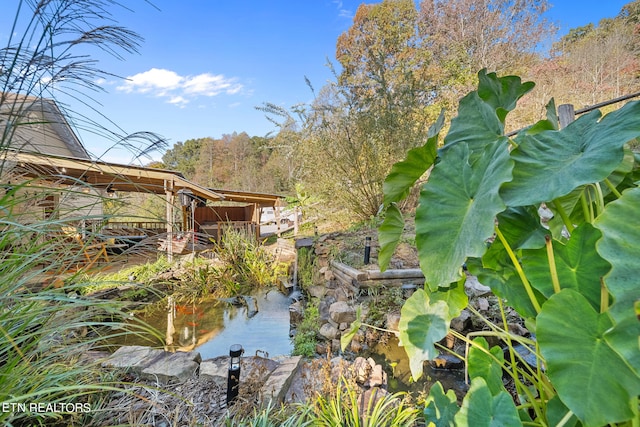 exterior space featuring a small pond