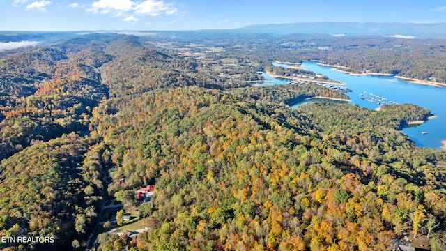 aerial view featuring a water and mountain view