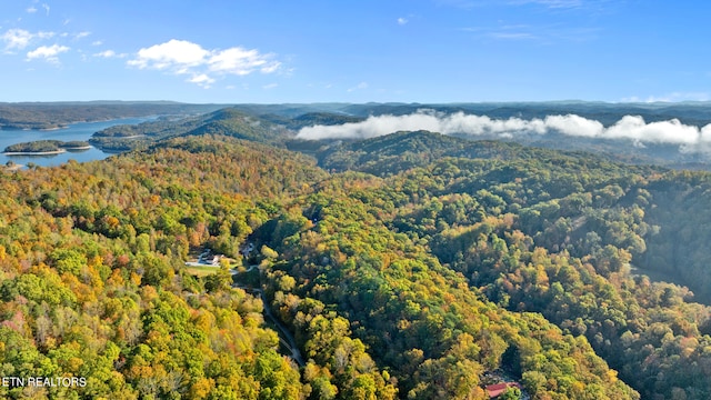 aerial view featuring a water and mountain view