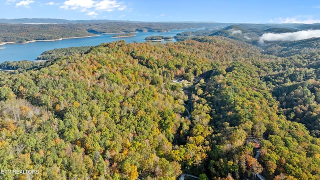 birds eye view of property with a water and mountain view