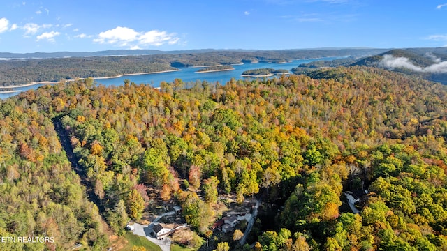 bird's eye view featuring a water and mountain view