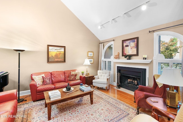 living room with rail lighting, light wood-type flooring, and vaulted ceiling