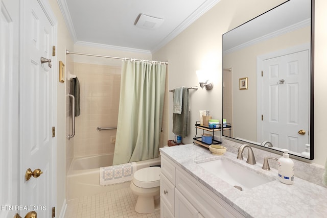 full bathroom featuring tile patterned floors, toilet, shower / tub combo, ornamental molding, and vanity