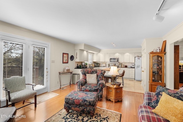 living room featuring rail lighting, crown molding, and light hardwood / wood-style flooring