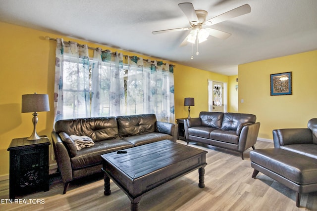 living room featuring ceiling fan and light hardwood / wood-style flooring