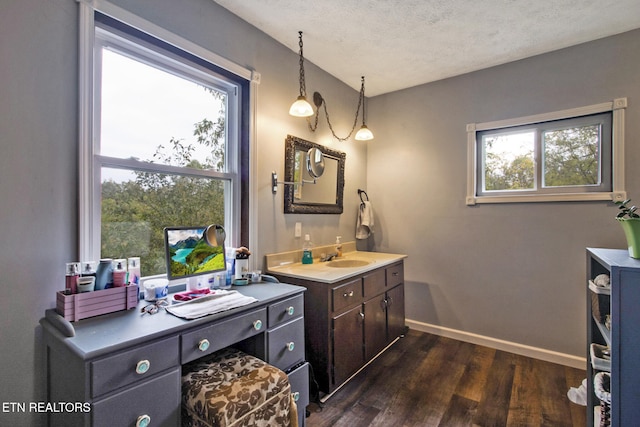 bathroom featuring vanity, wood-type flooring, and a textured ceiling