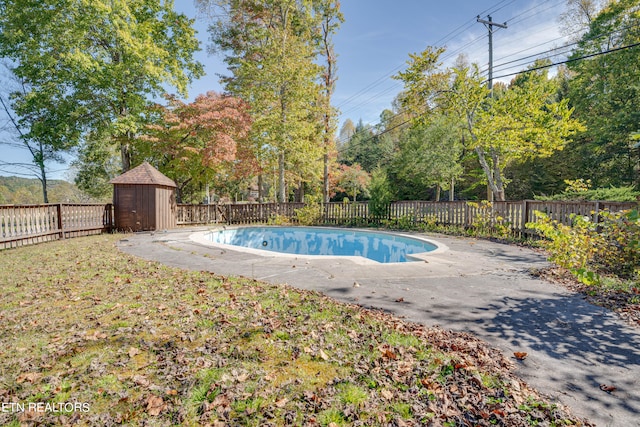 view of pool featuring a storage shed and a patio