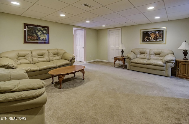 living room featuring light carpet