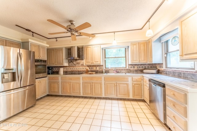 kitchen with a wealth of natural light, decorative light fixtures, wall chimney range hood, and stainless steel appliances