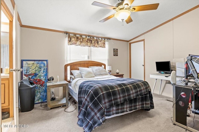 bedroom featuring ceiling fan, light carpet, crown molding, vaulted ceiling, and a textured ceiling