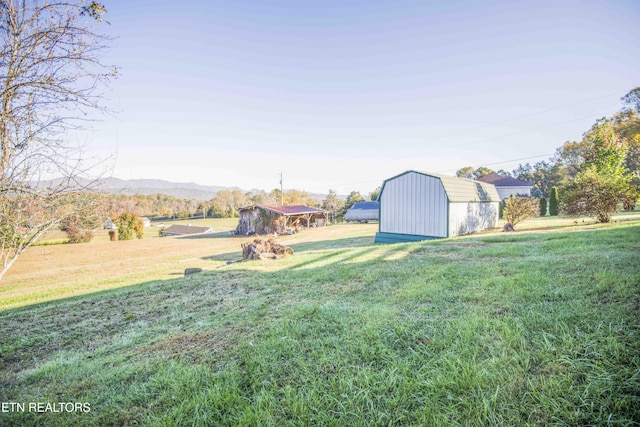 view of yard with a mountain view, an outbuilding, and a shed