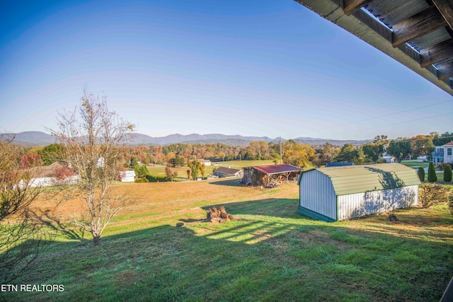 view of yard featuring a storage shed and a mountain view