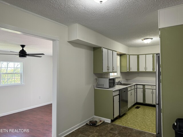 11806 Dry Valley Rd, Loudon, TN 37774 - kitchen with stainless steel appliances, a textured ceiling, light countertops, a ceiling fan, and a sink