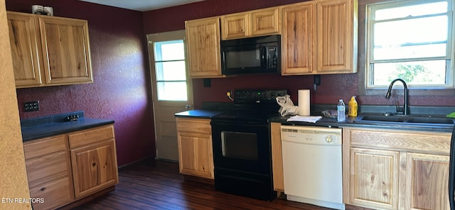 kitchen with dark hardwood / wood-style flooring, black appliances, sink, and a wealth of natural light