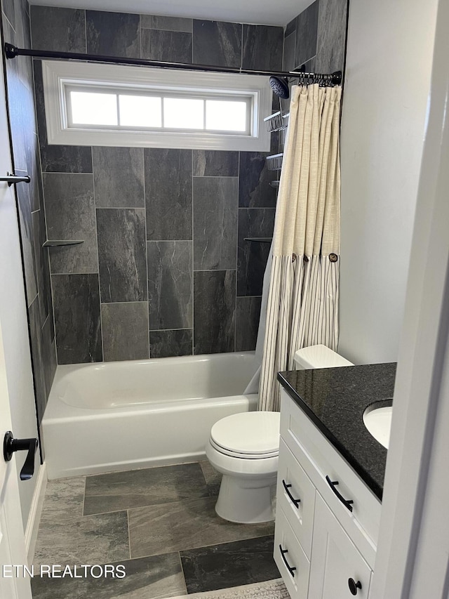 full bath with toilet, vanity, and shower / bathtub combination with curtain