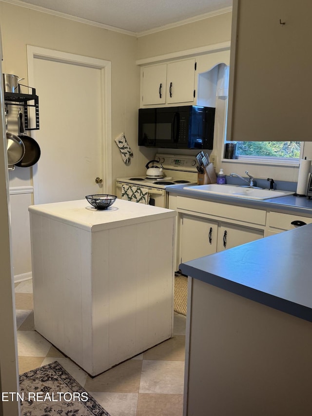 kitchen featuring ornamental molding, sink, white cabinets, a center island, and white range with electric cooktop