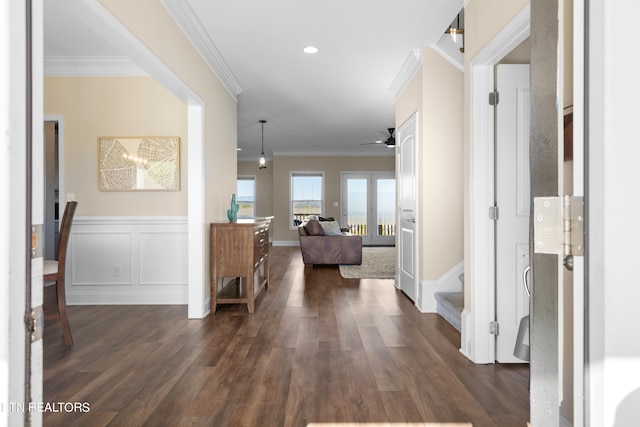 corridor with crown molding and dark hardwood / wood-style flooring