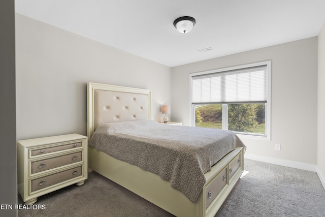 bedroom featuring dark colored carpet