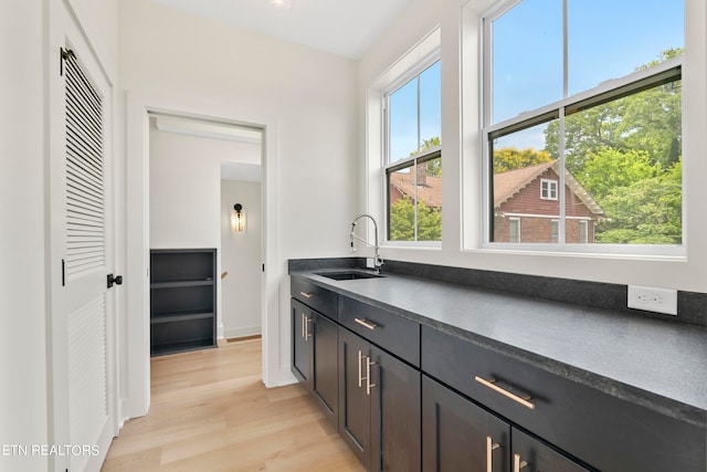 kitchen featuring light hardwood / wood-style flooring, sink, and dark brown cabinets