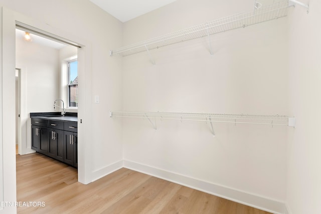 walk in closet with sink and wood-type flooring