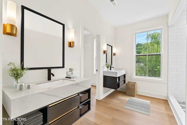 bathroom featuring vanity, walk in shower, and wood-type flooring