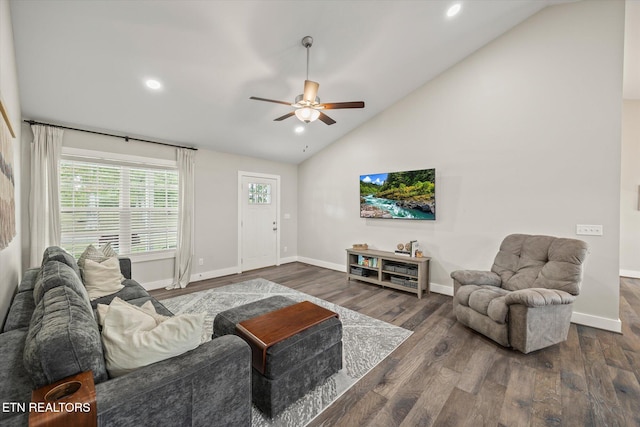 living room with ceiling fan, high vaulted ceiling, and dark hardwood / wood-style flooring