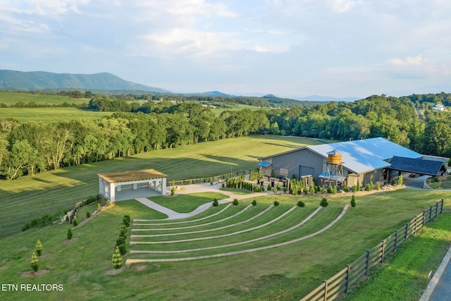 drone / aerial view featuring a rural view and a mountain view