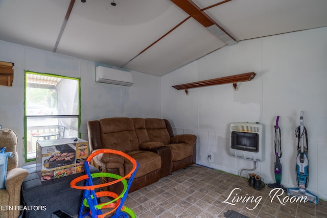 recreation room with an AC wall unit, lofted ceiling, and heating unit